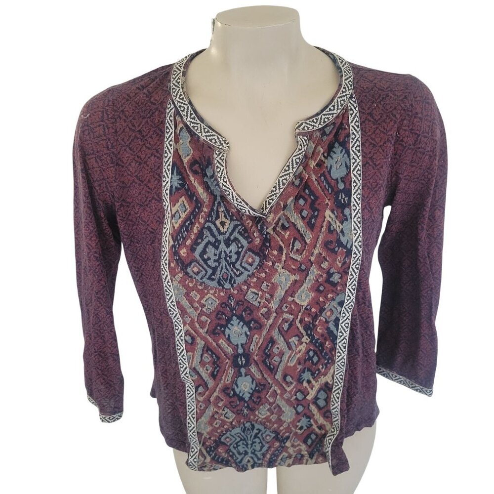 Lucky Brand Womens Burgundy Print Mixed Media V Neck Long Sleeve Top S bohemian
